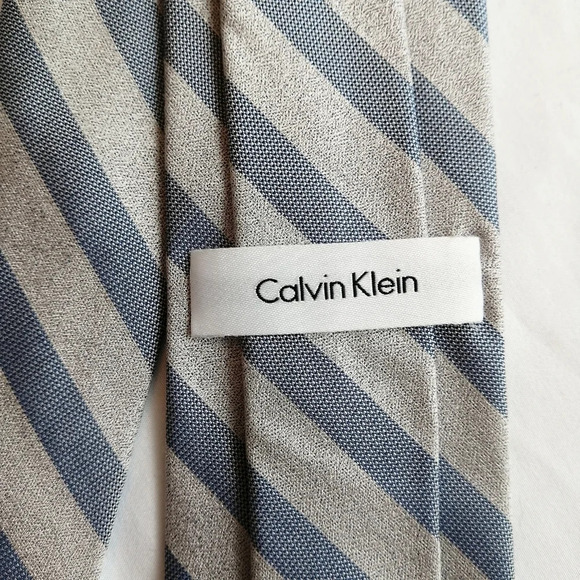 Calvin Klein Silk Blend Silver and Blue Striped Slim Tie - Picture 9 of 14